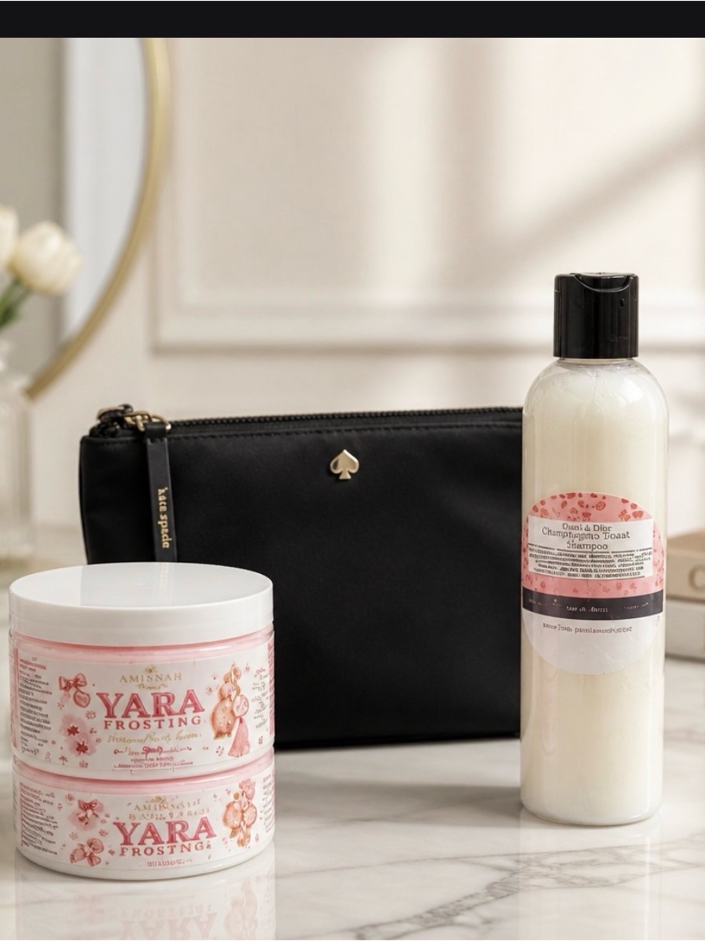 Ara Body Cream & Lotion Set with Pink Labels and Black Pouch